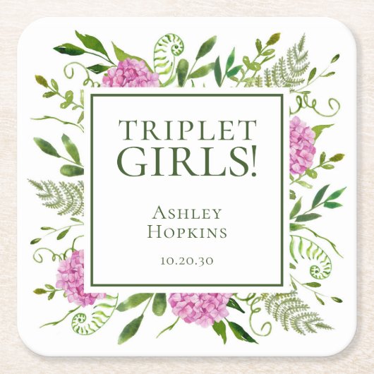 Triplet Meisjes Roze Hydrangeas Meisje Baby shower Kartonnen Onderzetters (Voorkant)