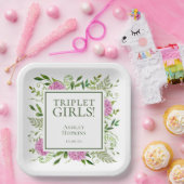 Triplet Meisjes Roze Hydrangeas Meisje Baby shower Papieren Bordje (Feest)