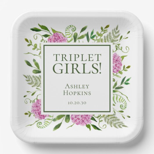 Triplet Meisjes Roze Hydrangeas Meisje Baby shower Papieren Bordje (Voorkant)