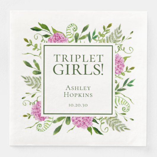Triplet Meisjes Roze Hydrangeas Meisje Baby shower Servet (Voorkant)
