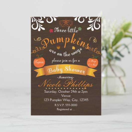 Triplets 3 PUMPKINS Herfst BABY SHOWER Uitnodiging (Staand voorkant)