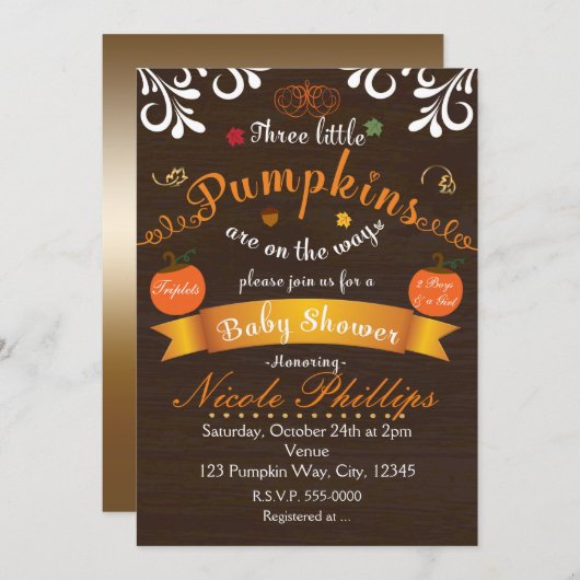 Triplets 3 PUMPKINS Herfst BABY SHOWER Uitnodiging (Voorkant / Achterkant)