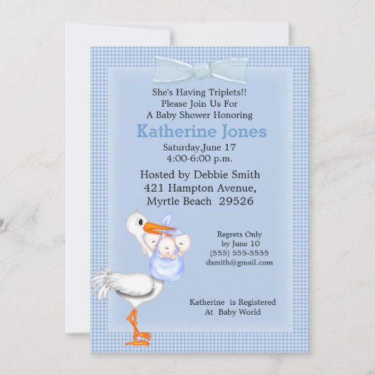 Triplets Baby Boy Shower Invitation (Stork) Kaart (Voorkant)