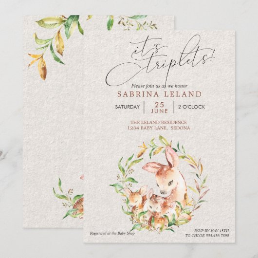 Triplets Baby shower Deer Fawns in Leafy Wreater Kaart (Voorkant / Achterkant)