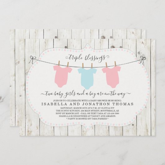 Triplets Baby shower Invitation - 2 meisjes en 1 j Kaart (Voorkant / Achterkant)