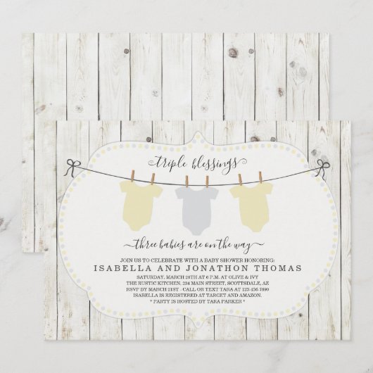 Triplets Baby shower Invitation - Gender Neutral Kaart (Voorkant / Achterkant)