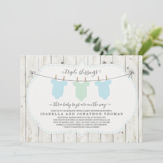 Triplets Baby shower Uitnodiging - 3 jongens (Staand voorkant)