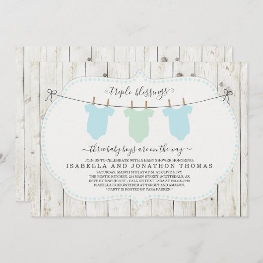 Triplets Baby shower Uitnodiging - 3 jongens (Voorkant / Achterkant)