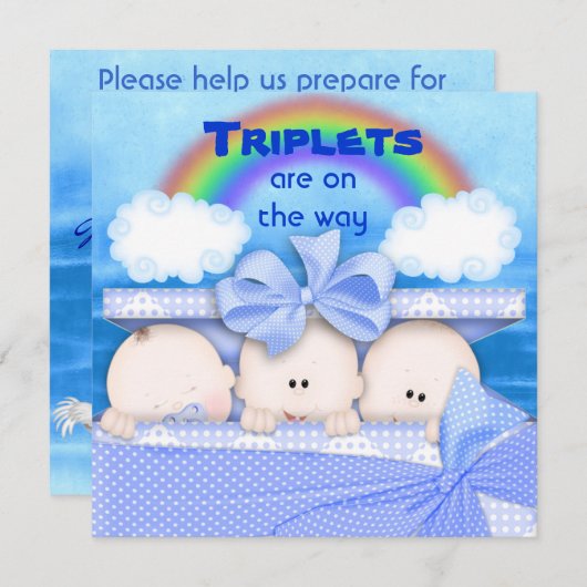 Triplets BOY Baby shower Invitation Kaart (Voorkant / Achterkant)