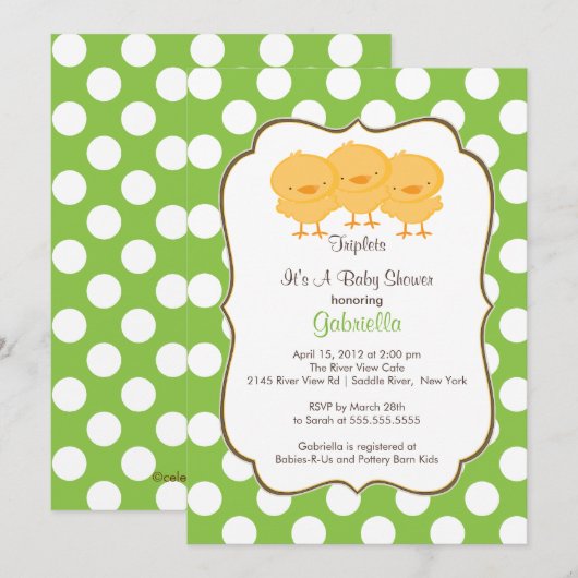 Triplets Chick Baby shower Invitation Green Kaart (Voorkant / Achterkant)