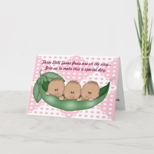 Triplets Girl Baby shower Pea in een poduitnodigin (Voorkant)