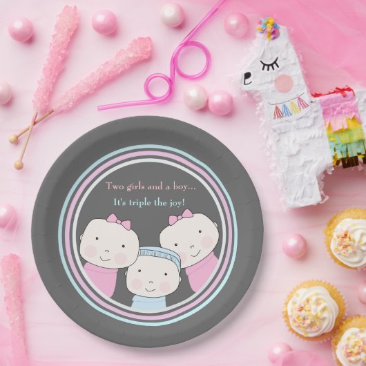 Triplets Girl Boy Pink Blue Baby Joy Trio Papieren Bordje (Feest)