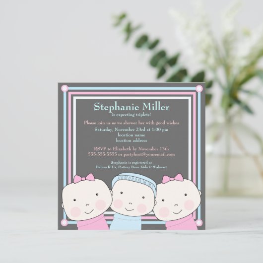 Triplets Girl Boy Pink Blue Baby shower Invitation Kaart (Staand voorkant)