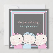 Triplets Girl Boy Pink Blue Baby shower Invitation Kaart (Achterkant)