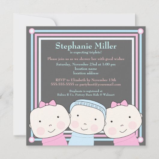 Triplets Girl Boy Pink Blue Baby shower Invitation Kaart (Voorkant)