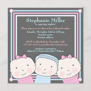 Triplets Girl Boy Pink Blue Baby shower Invitation Kaart