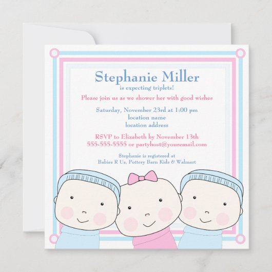 Triplets Girl Boy Pink Blue Baby shower Invitation Kaart (Voorkant)