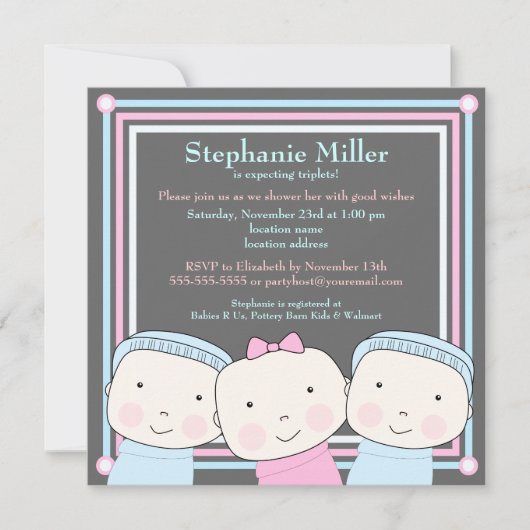 Triplets Girl Boy Pink Blue Baby shower Invitation Kaart (Voorkant)
