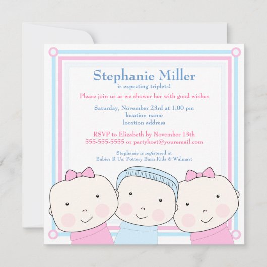 Triplets Girl Boy Pink Blue Baby shower Invitation Kaart (Voorkant)