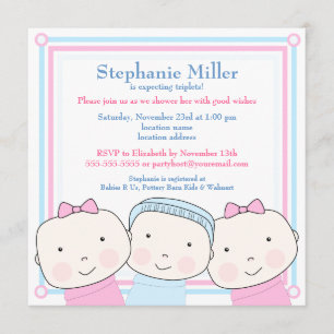 Triplets Girl Boy Pink Blue Baby shower Invitation Kaart