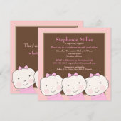 Triplets Girl Pink Brown Baby shower Invitation Kaart (Voorkant / Achterkant)