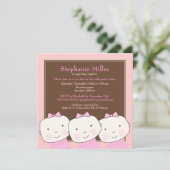 Triplets Girl Pink Brown Baby shower Invitation Kaart (Staand voorkant)