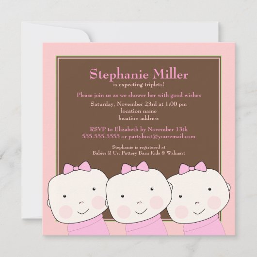 Triplets Girl Pink Brown Baby shower Invitation Kaart (Voorkant)