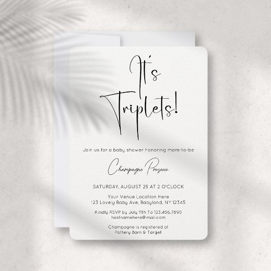 Triplets Modern Script Baby shower Invitation Kaart