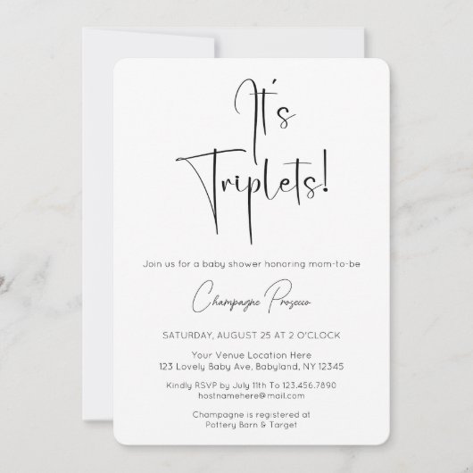 Triplets Modern Script Baby shower Invitation Kaart (Voorkant)