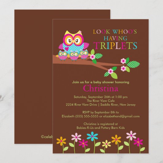 Triplets Owl Baby Shower-uitvindingen Kaart (Voorkant / Achterkant)