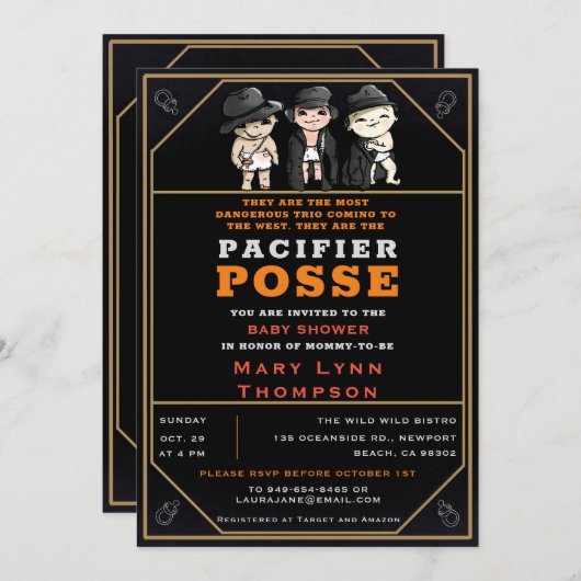 Triplets Pacifier Posse Wild West Fun Baby shower Kaart (Voorkant / Achterkant)