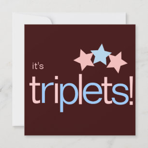Triplets Stars Pink Blue Brown Baby shower Kaart