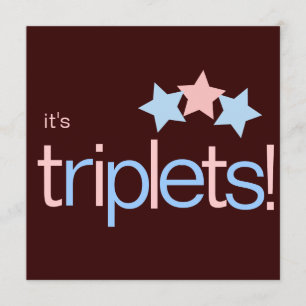 Triplets Stars Pink Blue Brown Baby shower Kaart