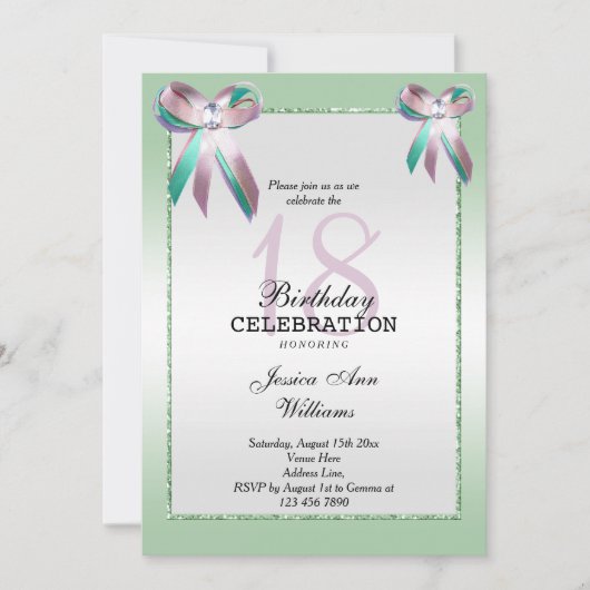 Tripple Gem Bow & Glitter 18th Birthday Kaart (Voorkant)