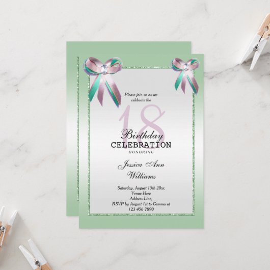 Tripple Gem Bow & Glitter 18th Birthday Kaart (Voorkant / Achterkant in situ)