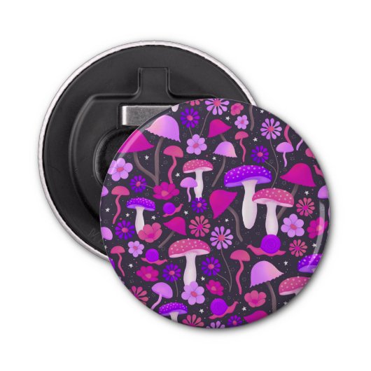 Trippy 1970s Paddenstoelen Roze, Paars en zwart Button Flesopener (Voorkant)