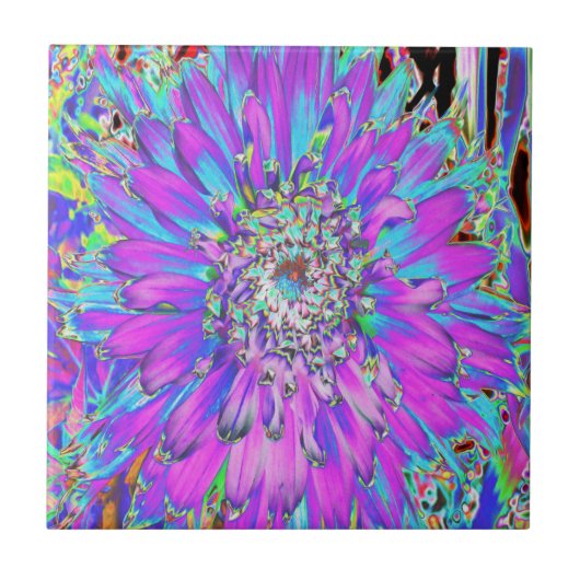 Trippy Abstract Aqua, Lime Green en Paars Dahlia Tegeltje (Voorkant)