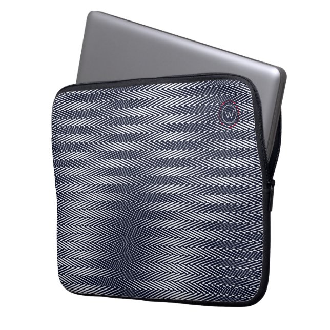 Trippy Abstract zwart-wit Stripes Rad Monogram Laptop Sleeve (Voorkant Links)