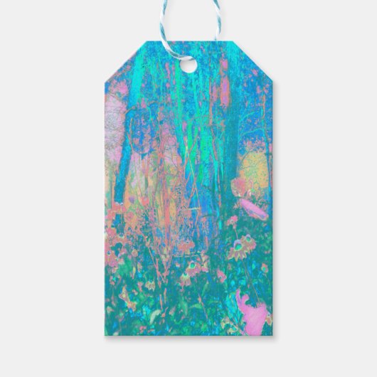 Trippy Aqua Sunrise met Psychedelic Flowers Cadeaulabel (Voorkant)