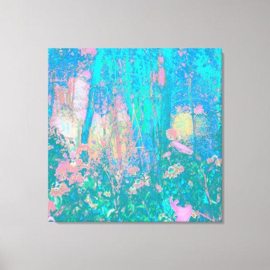 Trippy Aqua Sunrise met Psychedelic Flowers Canvas Afdruk (Voorkant)