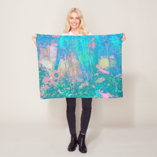 Trippy Aqua Sunrise met Psychedelic Flowers Fleece Deken (In situ)