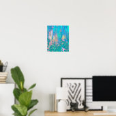 Trippy Aqua Sunrise met Psychedelic Flowers Poster (Thuiskantoor)