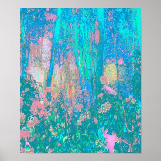 Trippy Aqua Sunrise met Psychedelic Flowers Poster (Voorkant)