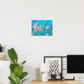 Trippy Aqua Sunrise met Psychedelic Flowers Poster (Thuiskantoor)