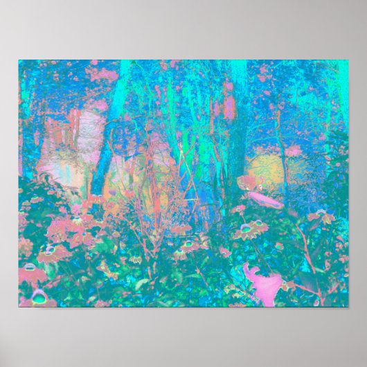 Trippy Aqua Sunrise met Psychedelic Flowers Poster (Voorkant)