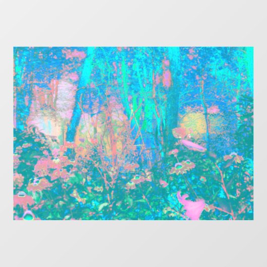 Trippy Aqua Sunrise met Psychedelic Flowers Raamsticker (Vel)