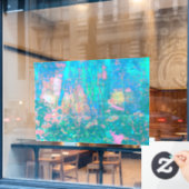 Trippy Aqua Sunrise met Psychedelic Flowers Raamsticker (Cafe Raam)