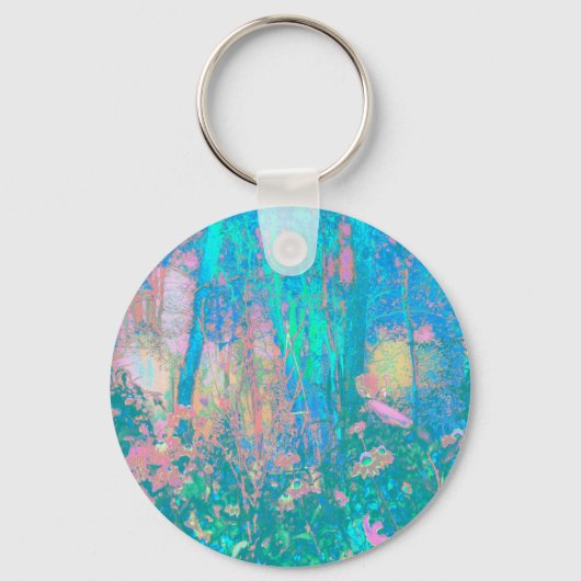 Trippy Aqua Sunrise met Psychedelic Flowers Sleutelhanger (Voorkant)