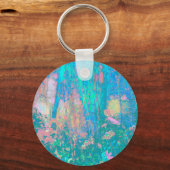 Trippy Aqua Sunrise met Psychedelic Flowers Sleutelhanger (Voorkant)
