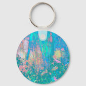 Trippy Aqua Sunrise met Psychedelic Flowers Sleutelhanger (Achterkant)